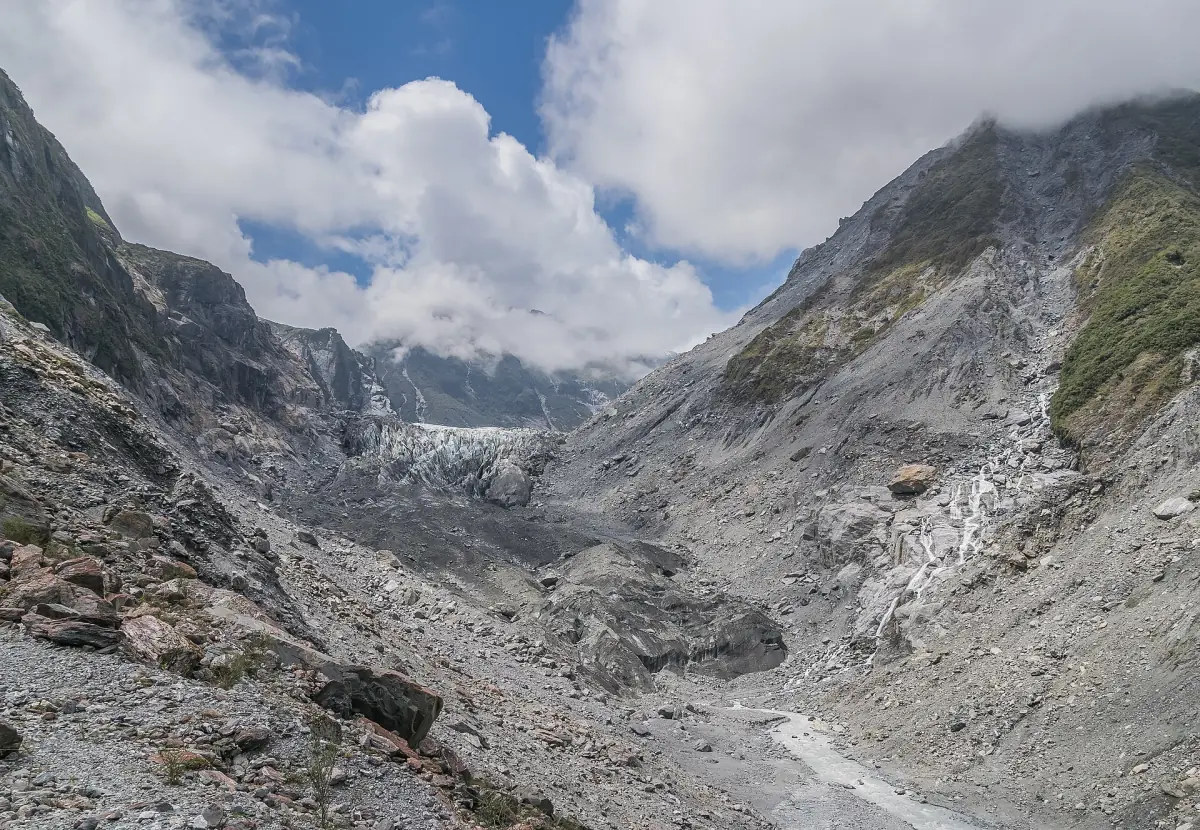 Fox Glacier at the head of its valley in Westland