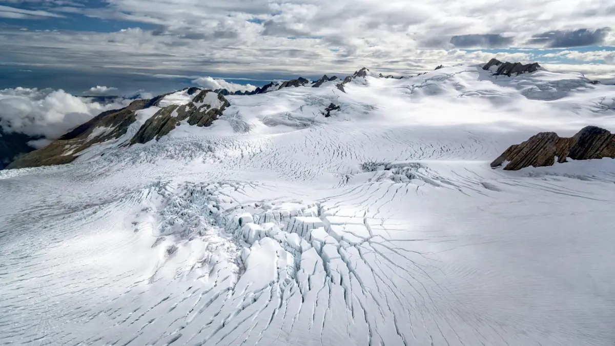 The snowfields above Franz Josef Glacier from the air