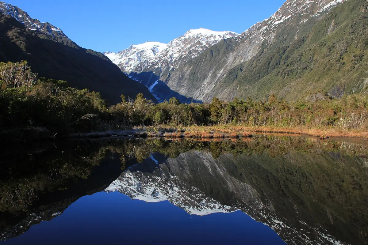 Der Franz-Josef-Gletscher und sein Tal spiegeln sich im Peters Pool