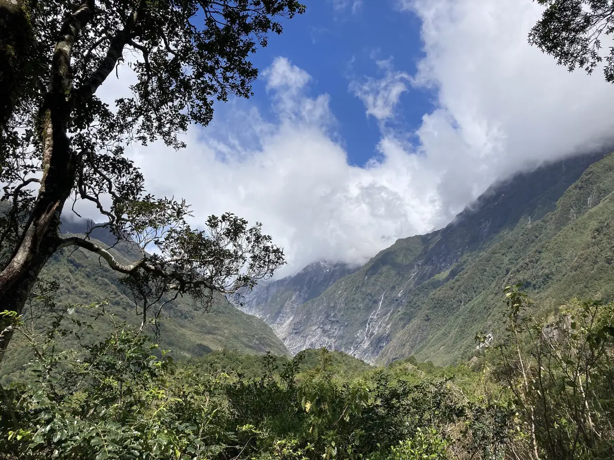 The Franz Josef Glacier valley under cloud