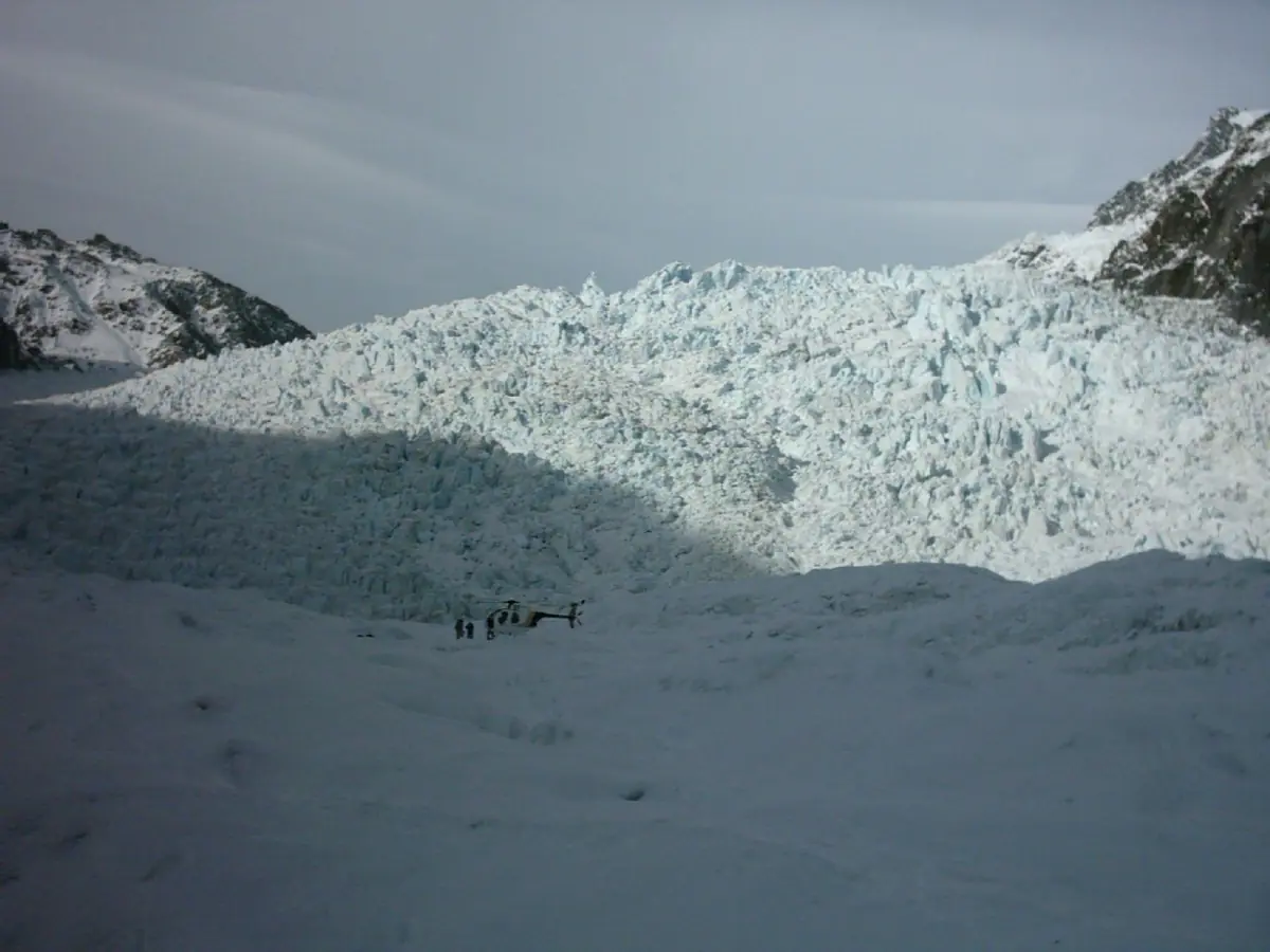 Blue glacier ice seen from a helicopter landing site