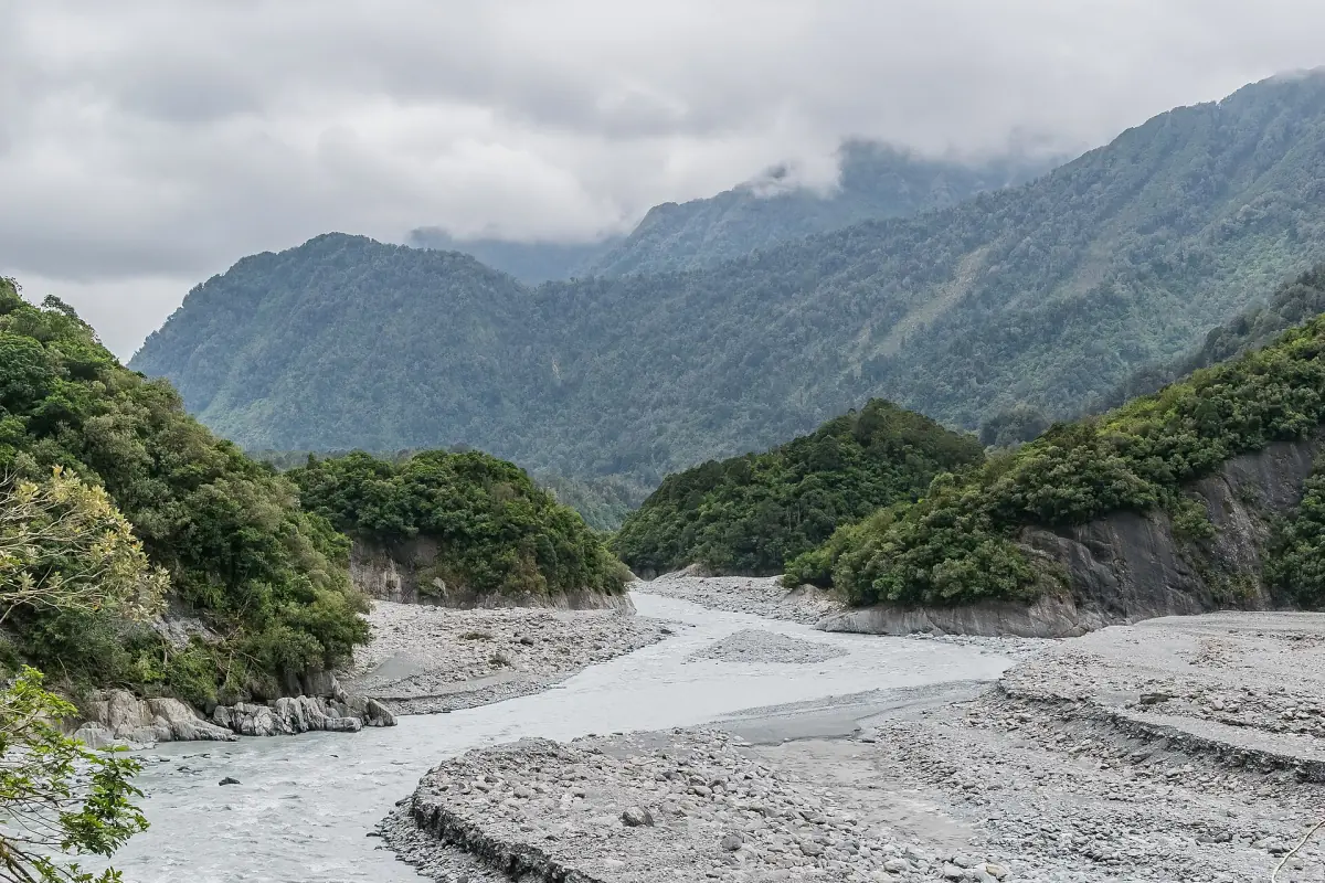 The braided Waiho River in its valley